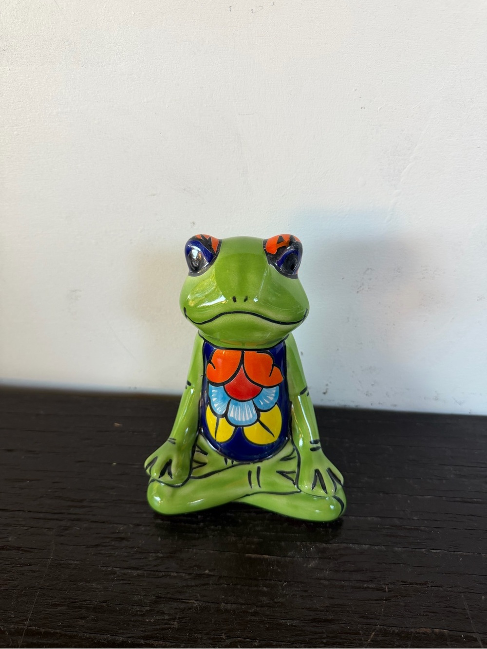 Hand-Painted Green Talavera Yoga Frog Figurine Decor with Colorful Accents